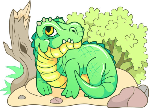 cartoon cute crocodile lies on the shore, funny illustration
