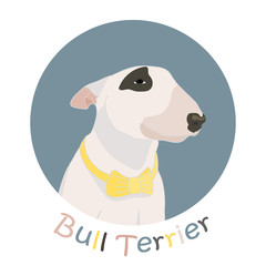 Hand drawn bull terrier dog with yellow bow tie. Vector illustration