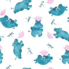 Cute pink and blue watercolor seamless pattern with cartoon style hippo babies playing with water lillies flowers and dragonflies - obrazy, fototapety, plakaty