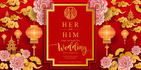 Fototapeta na wymiar chinese oriental wedding Invitation card templates with beautiful patterned on paper color Background.