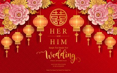 chinese oriental wedding Invitation card templates with beautiful patterned on paper color Background.