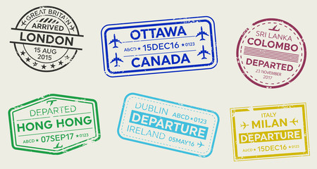 Fototapeta premium Creative vector illustration of international business travel visa passport stamp set isolated on transparent background. Art design variety rubber city arrival sign. Abstract concept graphic element.
