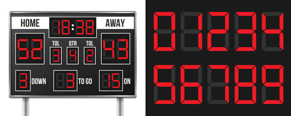 Creative vector illustration of american football scoreboard with infographics isolated on transparent background. Art design sport game score with digital LED dots. Abstract concept graphic element. © happyvector071