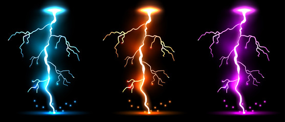 Obraz premium Creative vector illustration of realistic lightnings set isolated on transparent background. Art design thunder bolt, storm, sparkle magic effect. Abstract concept graphic electric energy element.
