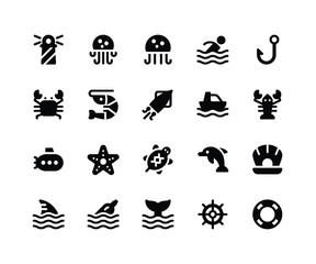 Simple Set of Camping Related Vector Glyph Icons. Contains such Icons as Lighthouse, Jellyfish, Crab, Shrimp, Squid and More. pixel perfect vector icons based on 32px grid. Well Organized and Layered.