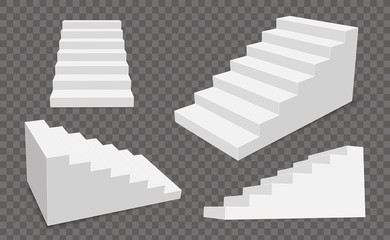 Creative vector illustration of 3d interior staircases, white stage set isolated on transparent background. Art design stairs steps collection. Abstract concept graphic business infographic element