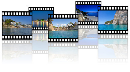 Vacations memories photos in film strip frames on white background with reflection with empty copy space