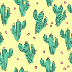 Hand draw  cactus seamless pattern on isolated white background. Сontinuous line drawing.