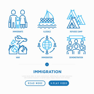 Immigration thin line icons set: immigrants, illegals,  boat, war, refugee camp, protest. Modern vector illustration.