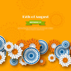 Indian Independence day holiday design. 3d wheels with flowers in traditional tricolor of indian flag. Paper cut style. Orange background. Vector illustration.