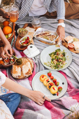 Close up beautiful picnic with variety of delicious food and drinks on picnic blanket in city park