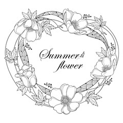 Vector hand drawing of outline round wreath with Anemone flower or Windflower, bud and leaf in black isolated on white background. Ornate contour Anemone for spring or summer design or coloring book.