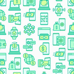 Online banking seamless pattern with thin line icons: deposit app, money safety, internet bank, contactless payment, credit card, online transaction. Modern vector illustration for background.