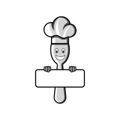 Cartoon smiling chef spoon holding in hands blank banner with chef hat. Children restaurant menu emblem mockup for your company place text.