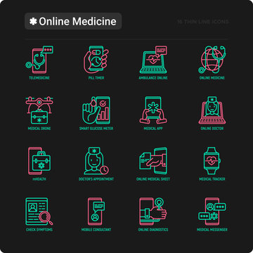Online medicine, telemedicine thin line icons set: pill timer, ambulance online, medical drone, medical tracker, mHealth, messenger, check symptomps. Vector illustration for black theme.