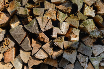 folded chopped firewood lit by the sun