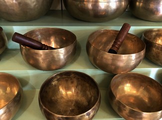 Meditation Closeup of Singing Bowls and Gong for Meditating Zen Buddhism