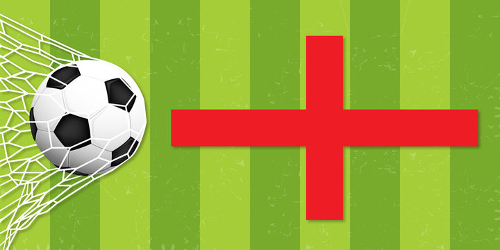 A realistic ball hits the gate on a green background with england flag