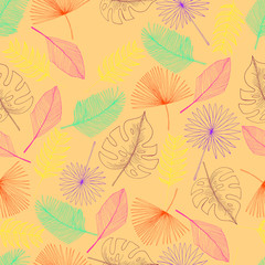 Fototapeta na wymiar Tropical palm leaf seamless pattern, peach colour background.