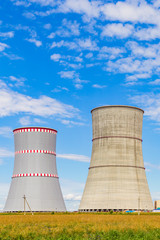 Cooling towers of the nuclear power plant which is under construction in Belarus. July 2018