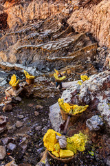 Sulfur mining, Mount Ijen crater lake, Indonesia