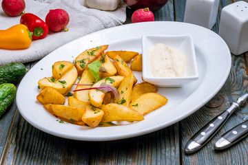 The potatoes wedges on the Board