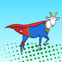 Pop art background. Flies Goat Animal Dressed As Superhero With clothes Vigilante Character. Comic style, vector