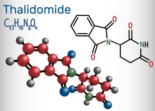 Thalidomide molecule. Is used as a treatment of multiple myeloma and of leprosy. Structural chemical formula and molecule model
