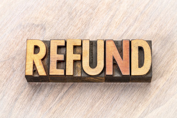 refund word abstract in wood type