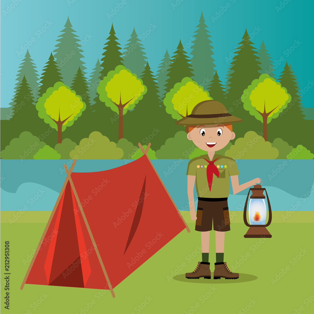 Canvas Prints young scout in the camping zone scene