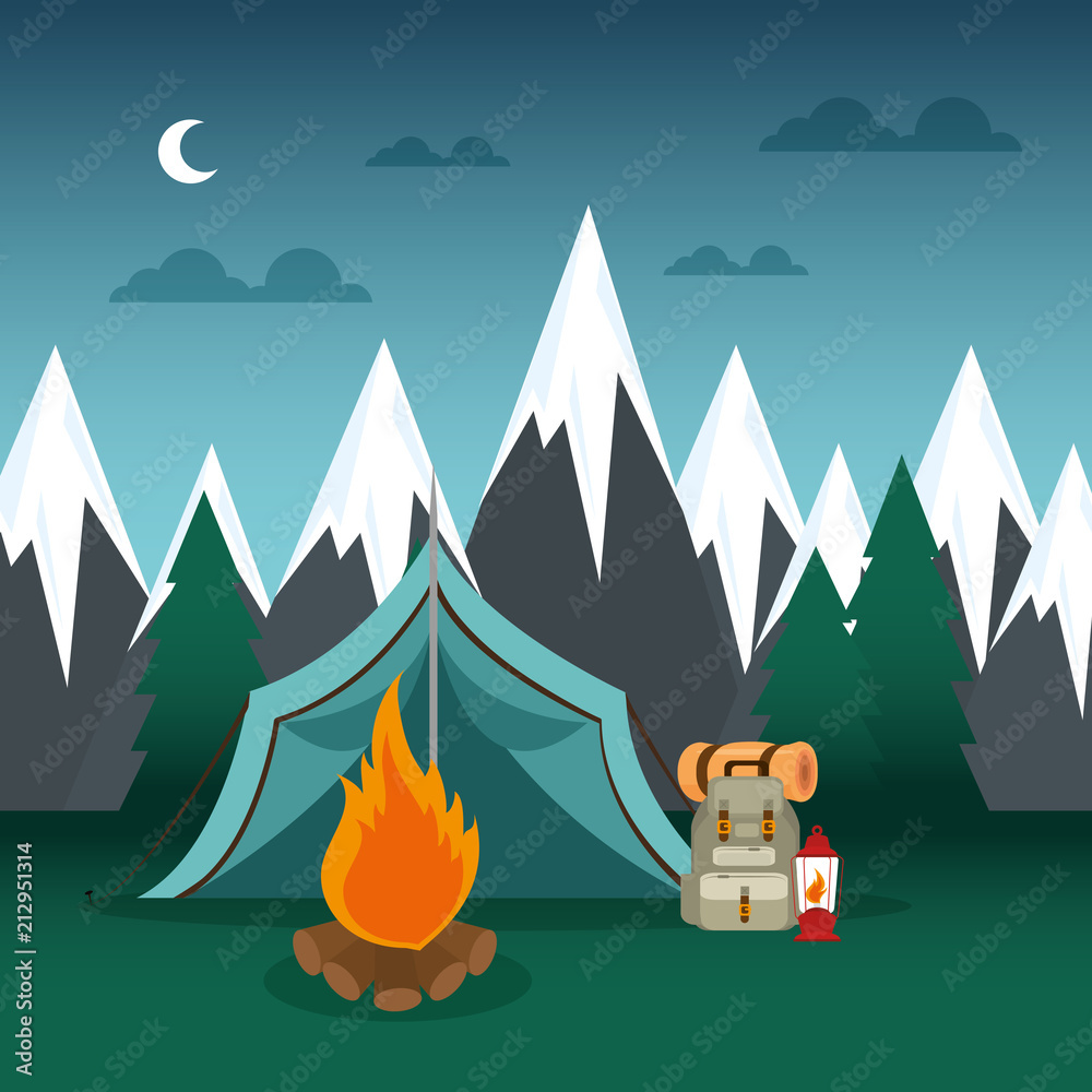 Poster camping zone with tent and campfire