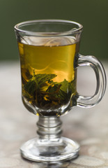 Cup with green tea and leaves of mint