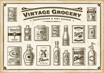 Vintage Lebensmittelgeschäft-Set. Eine Farbe. Vektor-Illustration im Retro-Holzschnitt-Stil. © Oleg Iatsun