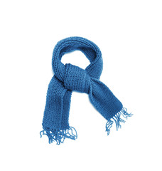 Blue knitted scarf on a white background.