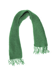 Green knitted scarf on a white background.