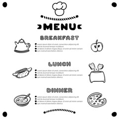 Hand drawn menu for cafe with breakfast, lunch, dinner inscriptions. Template design.