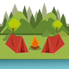 camping zone with tent and campfire © Gstudio