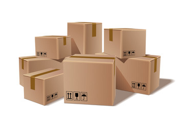 Pile of stacked sealed goods cardboard boxes. - 212953193