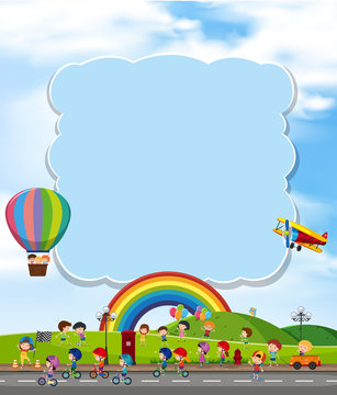 Blank cloud with children and rainbow