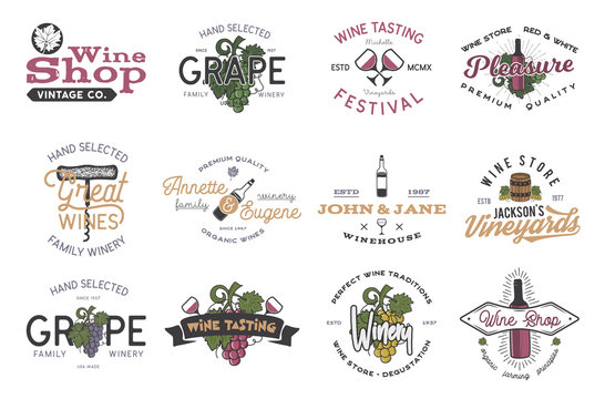 Wine logos, labels set. Winery, wine shop, vineyards badges collection. Retro Drink symbol. Typographic design illustration. Stock colorful emblems and icons isolated on white background