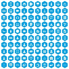 100 startup icons set in blue hexagon isolated vector illustration