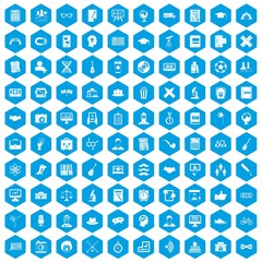 100 student icons set in blue hexagon isolated vector illustration