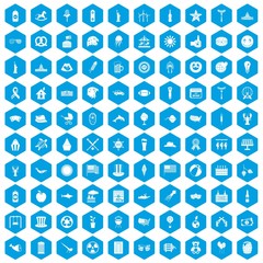 Fototapeta na wymiar 100 summer holidays icons set in blue hexagon isolated vector illustration