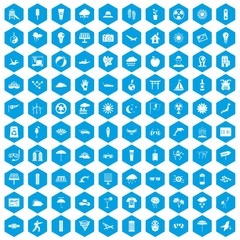 100 sun icons set in blue hexagon isolated vector illustration