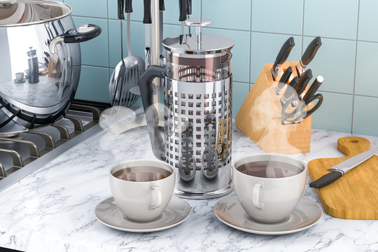 French Press Coffee or Tea Maker with cups of tea or coffee on the kitchen table. 3D rendering