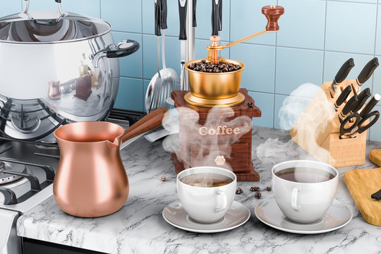 Manual coffee grinder with cups of coffee and copper turkish coffee pot on the kitchen table. 3D rendering