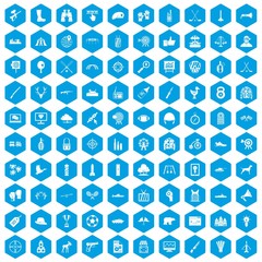 100 target icons set in blue hexagon isolated vector illustration