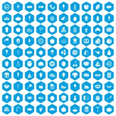 100 tasty food icons set in blue hexagon isolated vector illustration