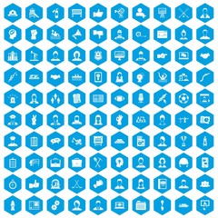 100 team work icons set in blue hexagon isolated vector illustration