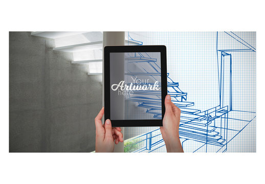 User Holding a Tablet Device in an Office Setting Mockup